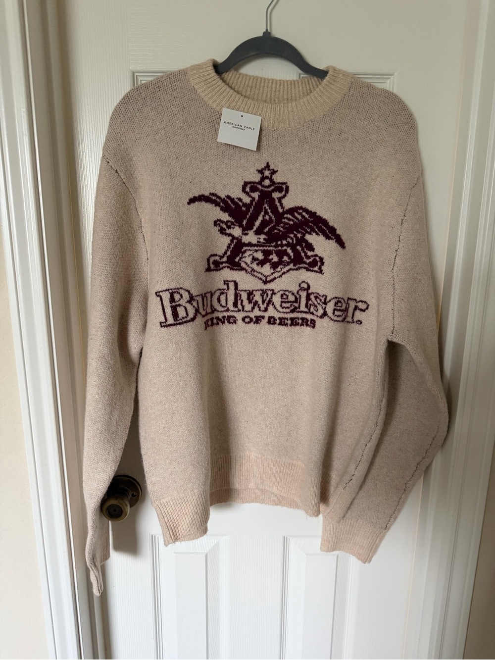 American Eagle Outfitters Beige Crewneck Sweater with Burgundy Logo